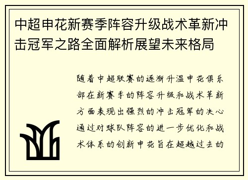 中超申花新赛季阵容升级战术革新冲击冠军之路全面解析展望未来格局