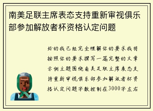 南美足联主席表态支持重新审视俱乐部参加解放者杯资格认定问题